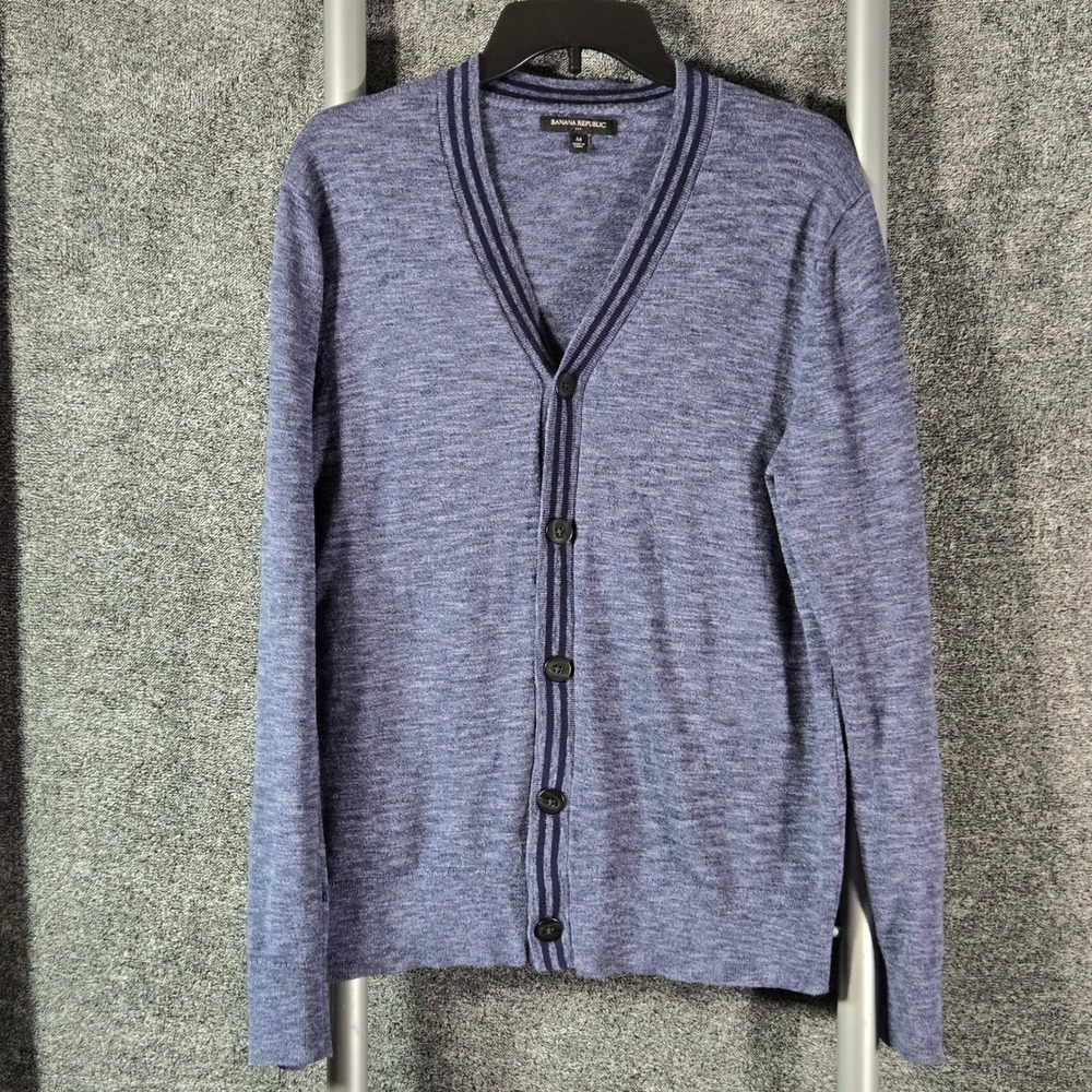 Banana Republic Mens Blue Heathered Cotton V-Neck Cardigan Sweater Medium SPR17